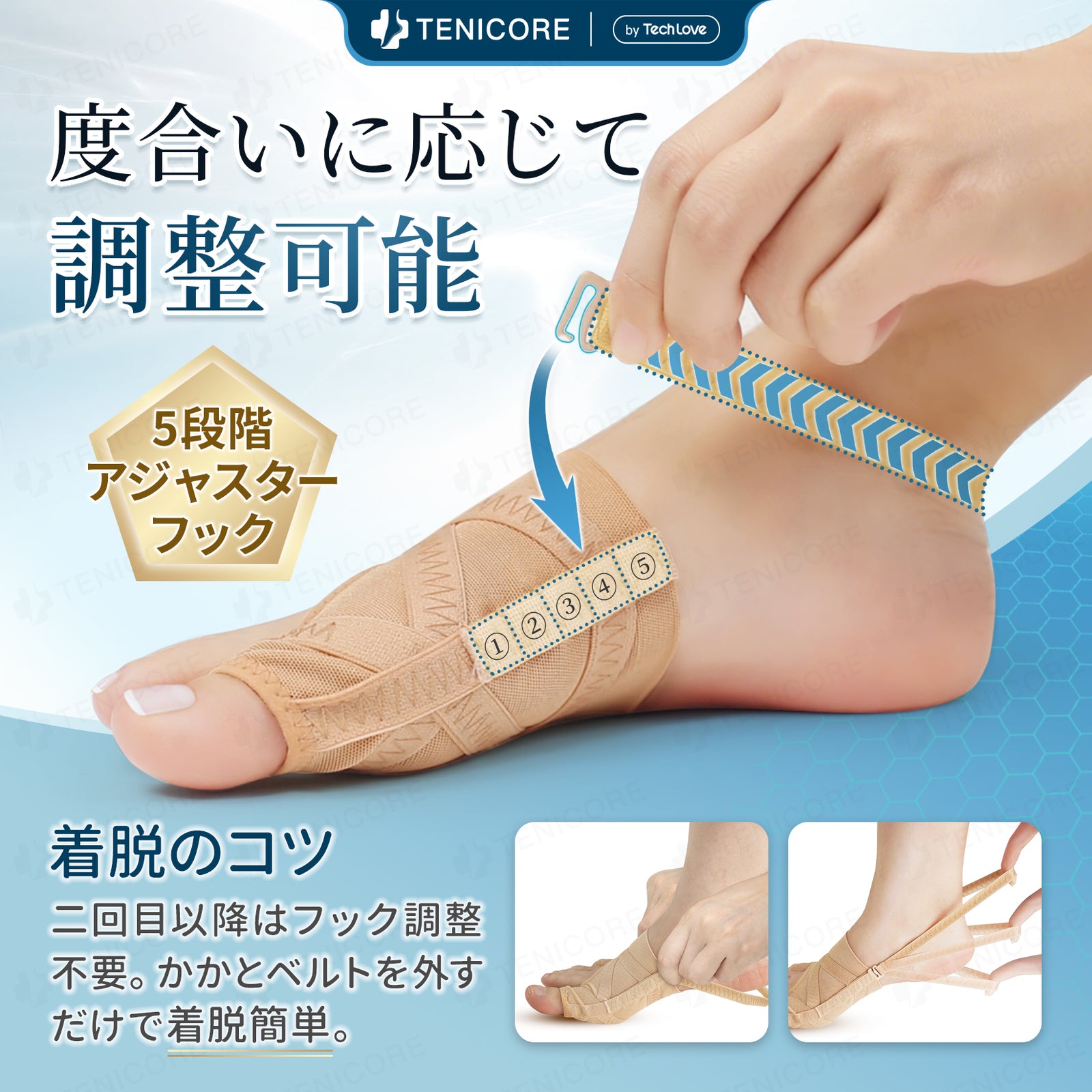 5段階で強さを調整】Tenicore 外反母趾・内反小趾サポーター 薄型調整