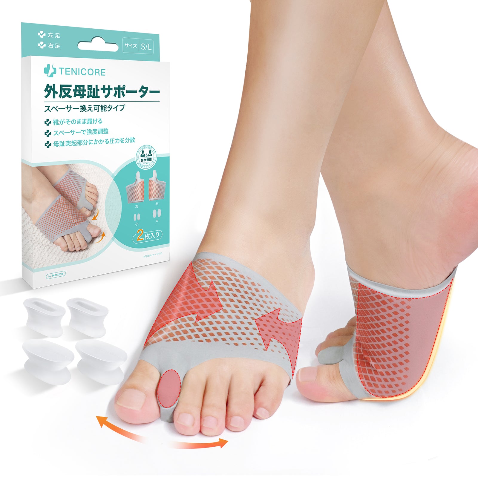 2枚入・4個スペーサー】Tenicore 外反母趾サポーター スペーサー換え